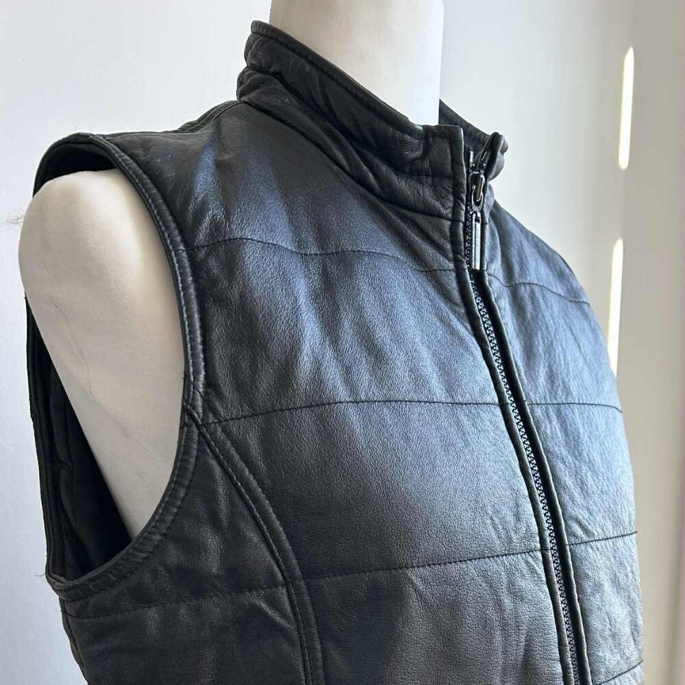 Colebrook & Co Black Leather Quilted Vest with Stand Collar & Pockets – US M